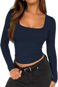 Women Square Neck Long Sleeve Going Out Tops Tight Double Lined Basic Tees Shirt