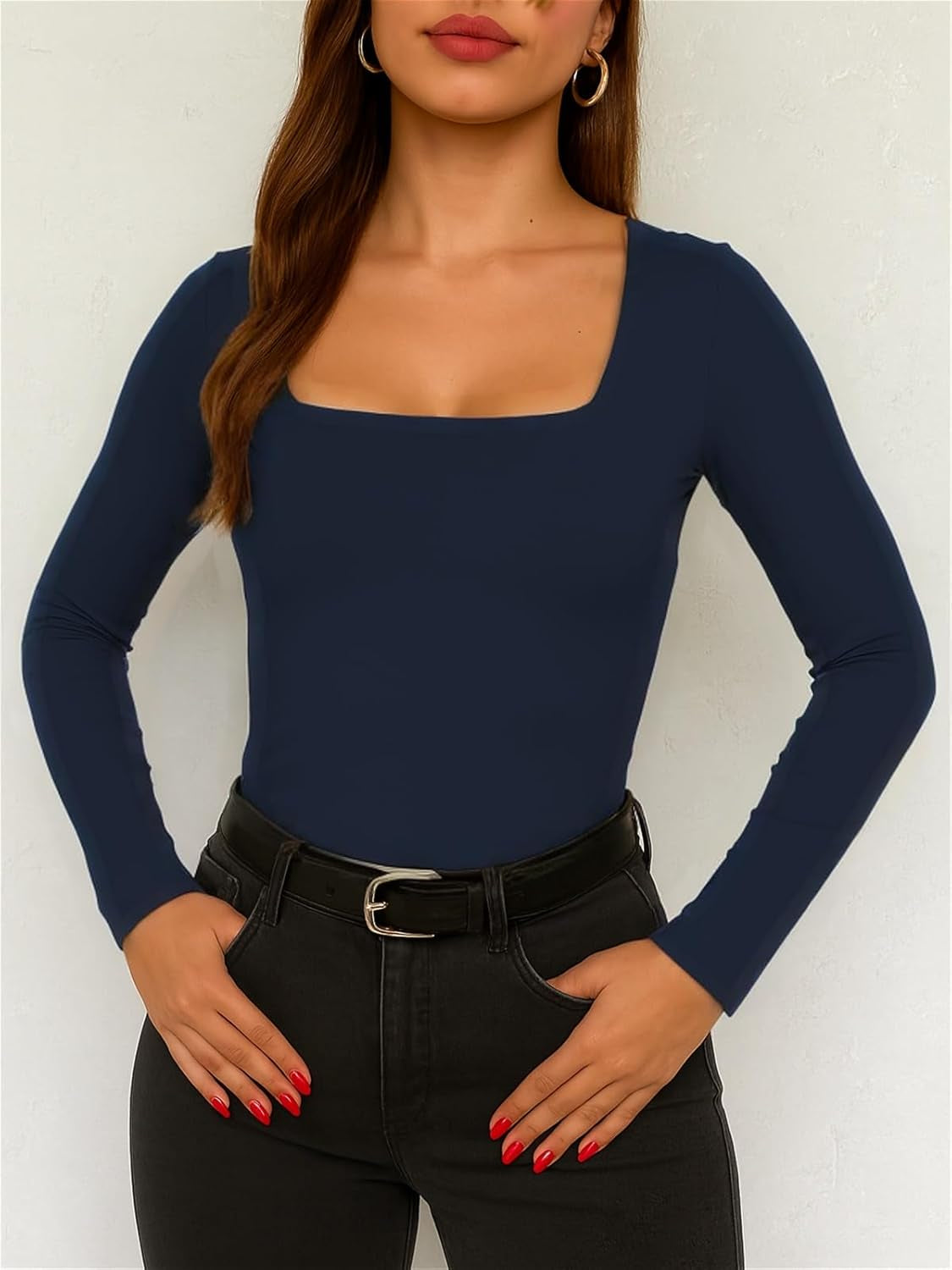 Women Square Neck Long Sleeve Going Out Tops Tight Double Lined Basic Tees Shirt