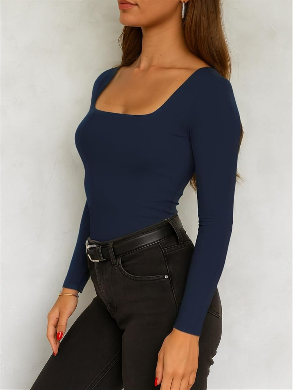 Women Square Neck Long Sleeve Going Out Tops Tight Double Lined Basic Tees Shirt