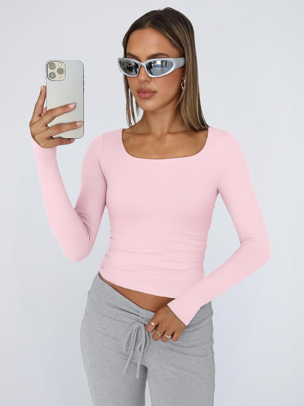 Womens Long Sleeve Shirts Crop Tops Fall Fashion Solid Square Neck Going Out Basics Tees Y2K Clothes