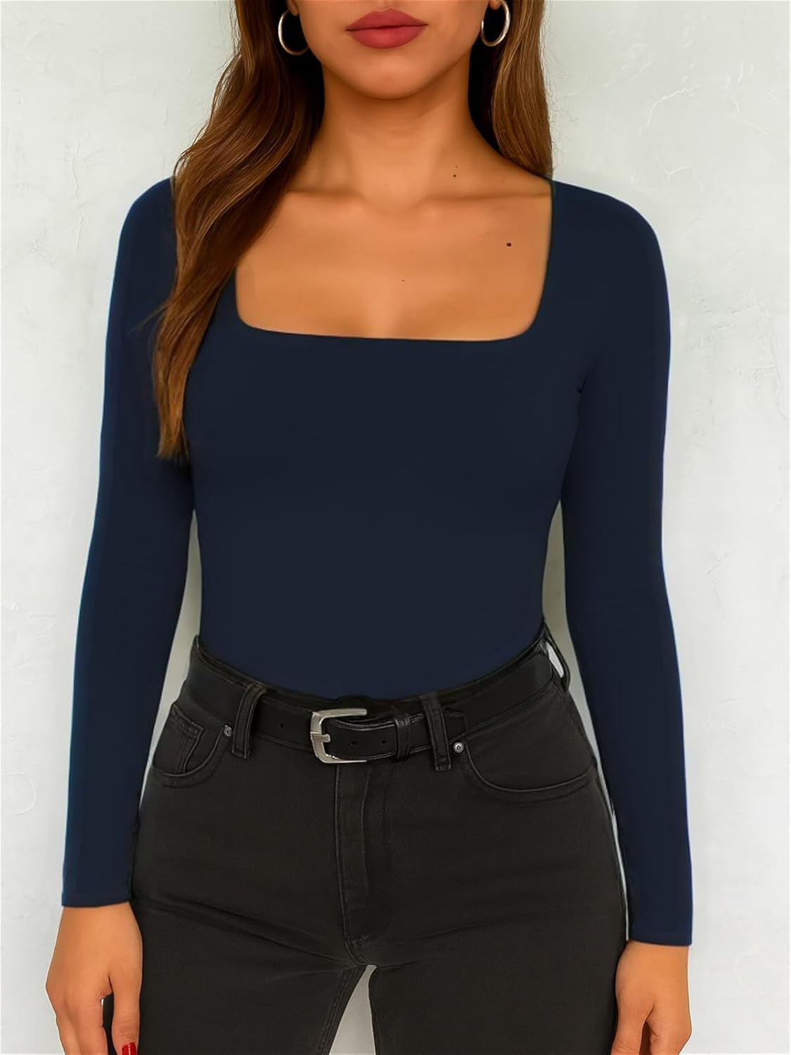 Women Square Neck Long Sleeve Going Out Tops Tight Double Lined Basic Tees Shirt
