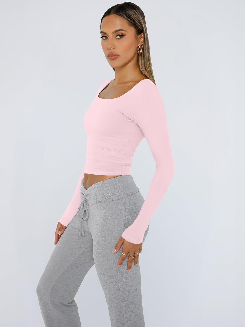 Womens Long Sleeve Shirts Crop Tops Fall Fashion Solid Square Neck Going Out Basics Tees Y2K Clothes