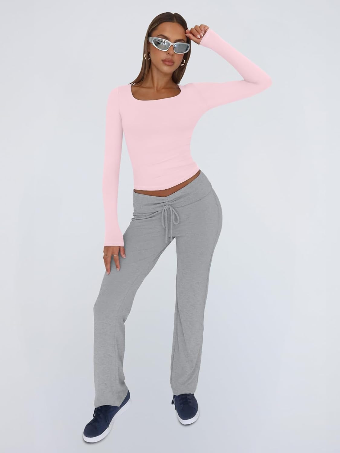 Womens Long Sleeve Shirts Crop Tops Fall Fashion Solid Square Neck Going Out Basics Tees Y2K Clothes